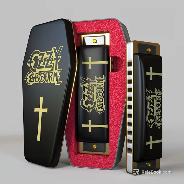 Ozzy Osbourne Harmonica Musical Instrument with Decorative Cross Art Supplies Case Design 3d model 