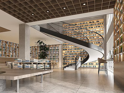 Modern Bookstore Interior With Spiral Staircase Bookshelves Natural Light And Wooden Ceiling 3d model