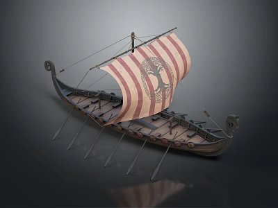 Viking Warriors Sailing Longship With Red White Striped Sail And Dragon Motif On Hull 3d model