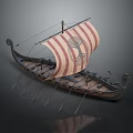 Viking Warriors Sailing Longship With Red White Striped Sail And Dragon Motif On Hull