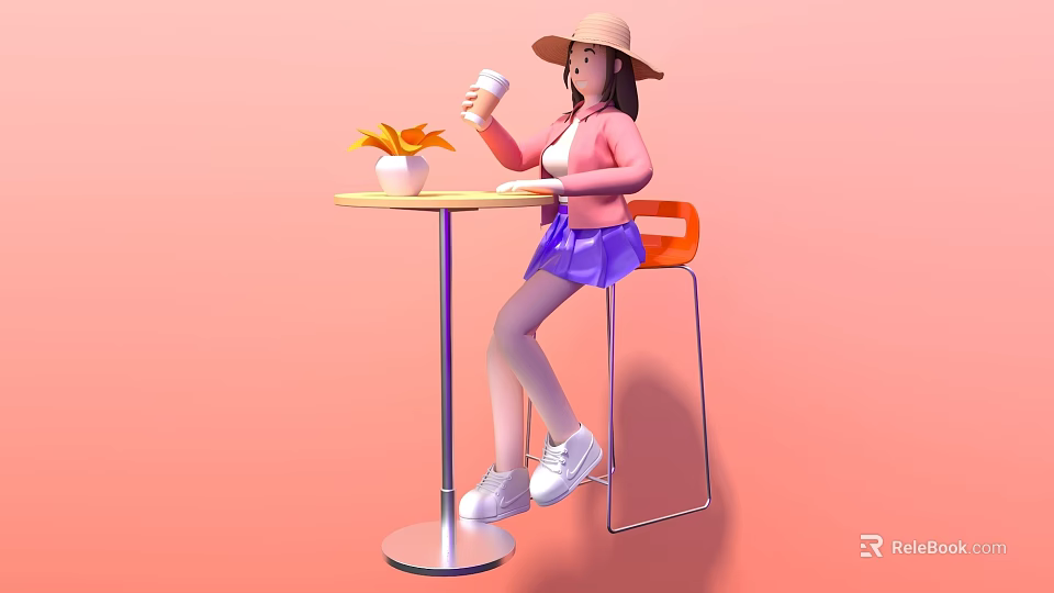 Stylish Photo Spot With Woman In Straw Hat Coffee Cup Flowers And Orange Chair 3d model 