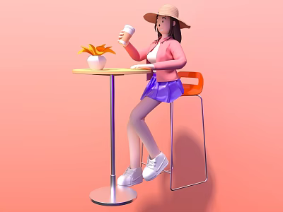 Stylish Photo Spot With Woman In Straw Hat Coffee Cup Flowers And Orange Chair 3d model