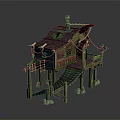 Unique Wooden Elevated Building Structure With Staircase Flag And Decorative Lanterns