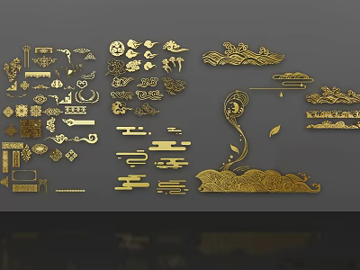 Chinese Traditional Golden Carvings with Cloud Floral and Geometric Patterns for Wall and Furniture Decoration 3d model