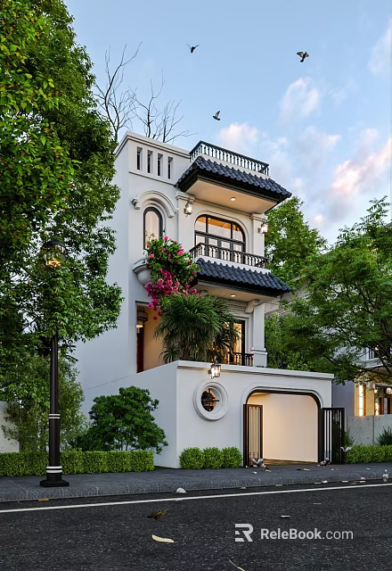 Elegant White Detached Villa With Balcony Green Plants And Flower Decorations 3d model 