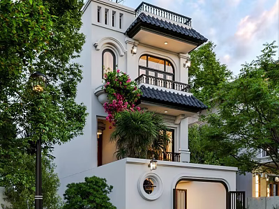 Elegant White Detached Villa With Balcony Green Plants And Flower Decorations 3d model