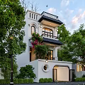 Elegant White Detached Villa With Balcony Green Plants And Flower Decorations
