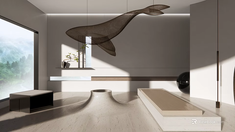 Minimalist Modern Living Room With Whale Shaped Net Decoration And Green Plants 3d model 
