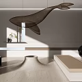 Minimalist Modern Living Room With Whale Shaped Net Decoration And Green Plants