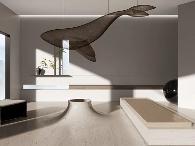 Minimalist Modern Living Room With Whale Shaped Net Decoration And Green Plants 3d model