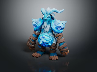 Mythical Blue Frost Horned Creature Fantasy Character With Glowing Crystals And Brown Straps 3d model