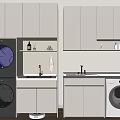 Modern Laundry Room Setup With Stacked Washer Dryer Cabinets And Sink 3d model