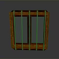 Brown Wooden Double Door With Vertical Metal Bars And Classic Frame Design