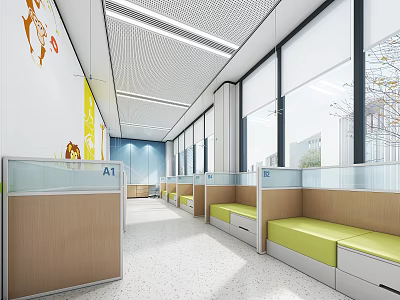 Hospital Outpatient Clinic Bright Pediatric Waiting Area with Large Windows Green Benches and Cartoon Murals 3d model