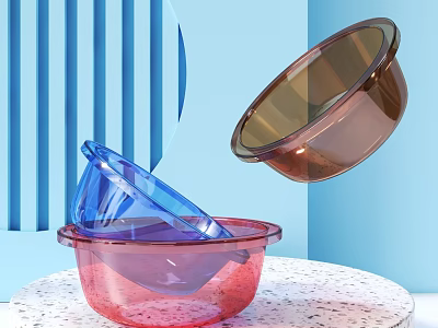 Transparent Colored Stackable Kitchen Washing Bowls in Blue Pink and Brown Tones with Modern Background 3d model