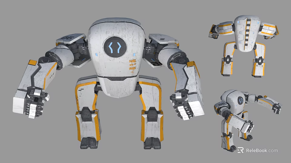 Industrial Style Robot 3D Model With White Yellow Details And Multi Angle Views 3d model
