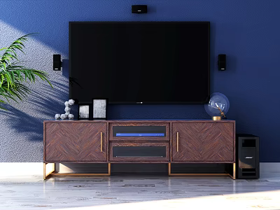 Wooden TV Stand with TV Decorative Items Wall Speakers and Green Plant on Blue Wall 3d model