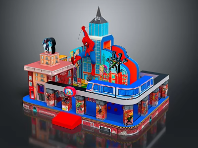 Cartoon Playground Scene With Colorful Buildings Spider Man Decorations And Red Steps 3d model