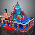 Cartoon Playground Scene With Colorful Buildings Spider Man Decorations And Red Steps