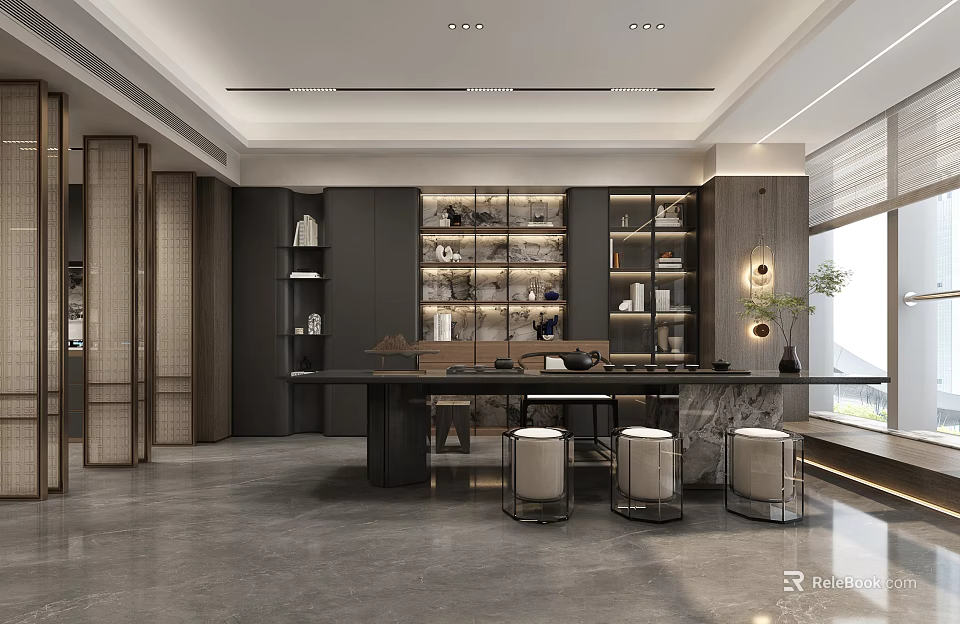 Tea Room Interior Design With Dark Cabinets Shelves Long Table Stools And Natural Light Window 3d model 