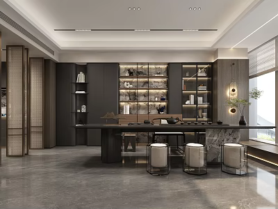 Tea Room Interior Design With Dark Cabinets Shelves Long Table Stools And Natural Light Window 3d model