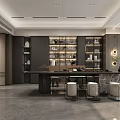 Tea Room Interior Design With Dark Cabinets Shelves Long Table Stools And Natural Light Window