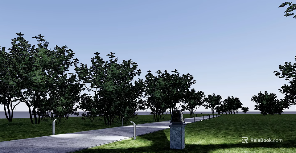 Outdoor Stone Pillar Lights Illuminating Pathway In Green Lawn With Trees 3d model 