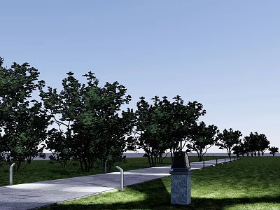 Outdoor Stone Pillar Lights Illuminating Pathway In Green Lawn With Trees 3d model