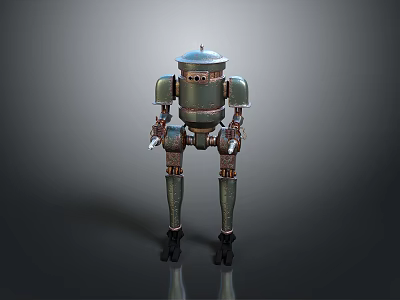 Vintage Metal Robot Character With Green Copper Body And Mechanical Limbs Standing On Dark Background 3d model