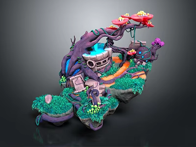 Enchanted Floating Natural Landscape With Unique Trees Red Flowers Blue Pond And Winding Pathway 3d model