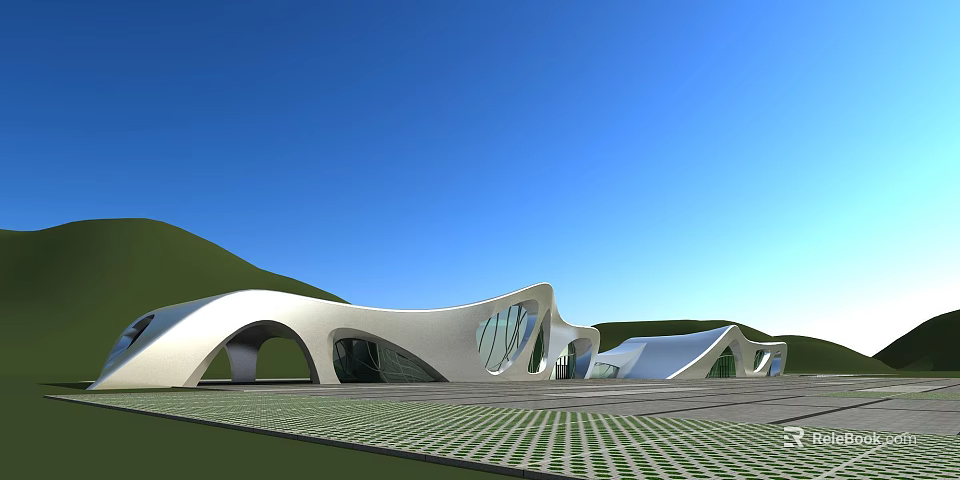 Modern Curved White Architectural Structure With Green Hills And Blue Sky Plaza Ground 3d model 