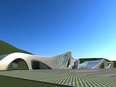 Modern Curved White Architectural Structure With Green Hills And Blue Sky Plaza Ground 3d model