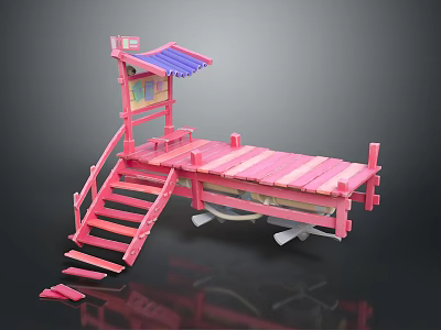 Cartoon Scene Of Pink Wooden Dock With Stairs And Blue Roof Pavilion 3d model