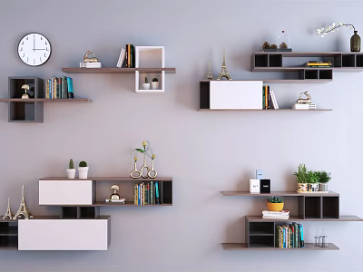 Modern Wall Cabinets and Shelves on Light Gray Wall with Books Plants Decorations and Clock 3d model