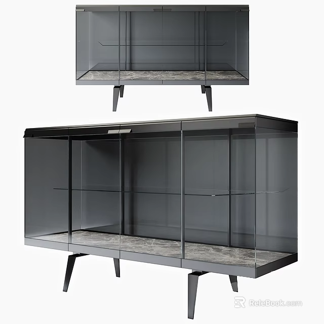 Modern Sideboard Cabinet With Glass Doors Marble Top And Black Metal Legs 3d model 
