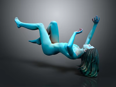 Woman in blue body lying with outstretched limbs and flowing hair against gray background 3d model