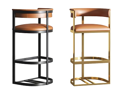 Modern Black and Gold Metal Frame Bar Stools With Brown Leather Seats 3d model