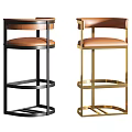 Modern Black and Gold Metal Frame Bar Stools With Brown Leather Seats