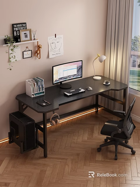 Modern Office Desk Setup With Monitor Keyboard Mouse Lamp File Organizer LED Strip And Chair 3d model 