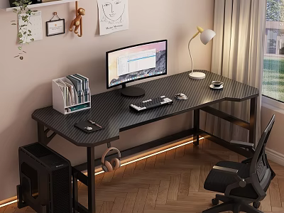 Modern Office Desk Setup With Monitor Keyboard Mouse Lamp File Organizer LED Strip And Chair 3d model