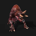 Red Muscular Horned Monster With Sharp Teeth And Claws On Black Background