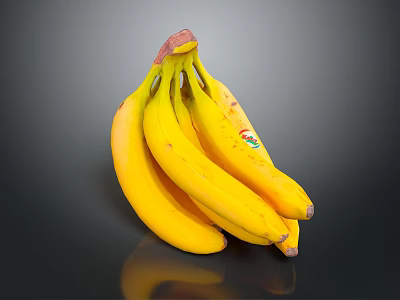 Fresh Yellow Bunch of Bananas with Sticker on Black Background and Reflection 3d model