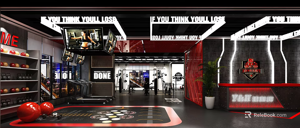 Modern Gym Interior With Treadmills Dumbbells Screens Showing Fitness Videos Red Black Decor And Plants 3d model 