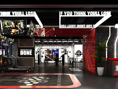Modern Gym Interior With Treadmills Dumbbells Screens Showing Fitness Videos Red Black Decor And Plants 3d model
