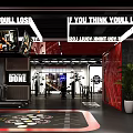 Modern Gym Interior With Treadmills Dumbbells Screens Showing Fitness Videos Red Black Decor And Plants