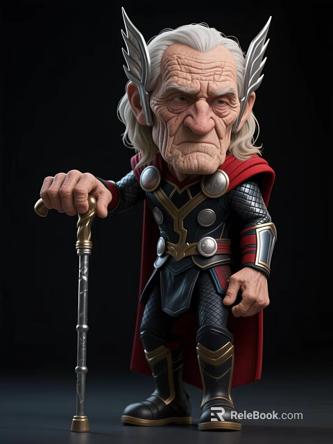 Elderly Thor Game Movie Character With Red Cape And Metal Disc Armor Holding Cane 3d model 