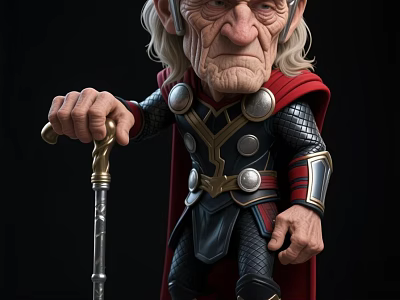 Elderly Thor Game Movie Character With Red Cape And Metal Disc Armor Holding Cane 3d model