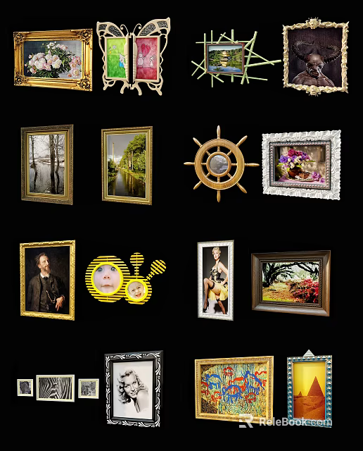 Various Framed Landscape Paintings Featuring Natural Scenery And Decorative Frames 3d model 