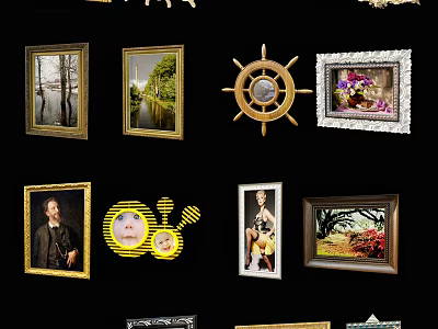 Various Framed Landscape Paintings Featuring Natural Scenery And Decorative Frames 3d model