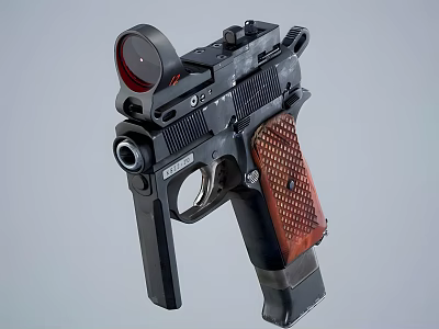 Tactical Pistol With Red Dot Sight Black Frame And Wooden Grip 3d model